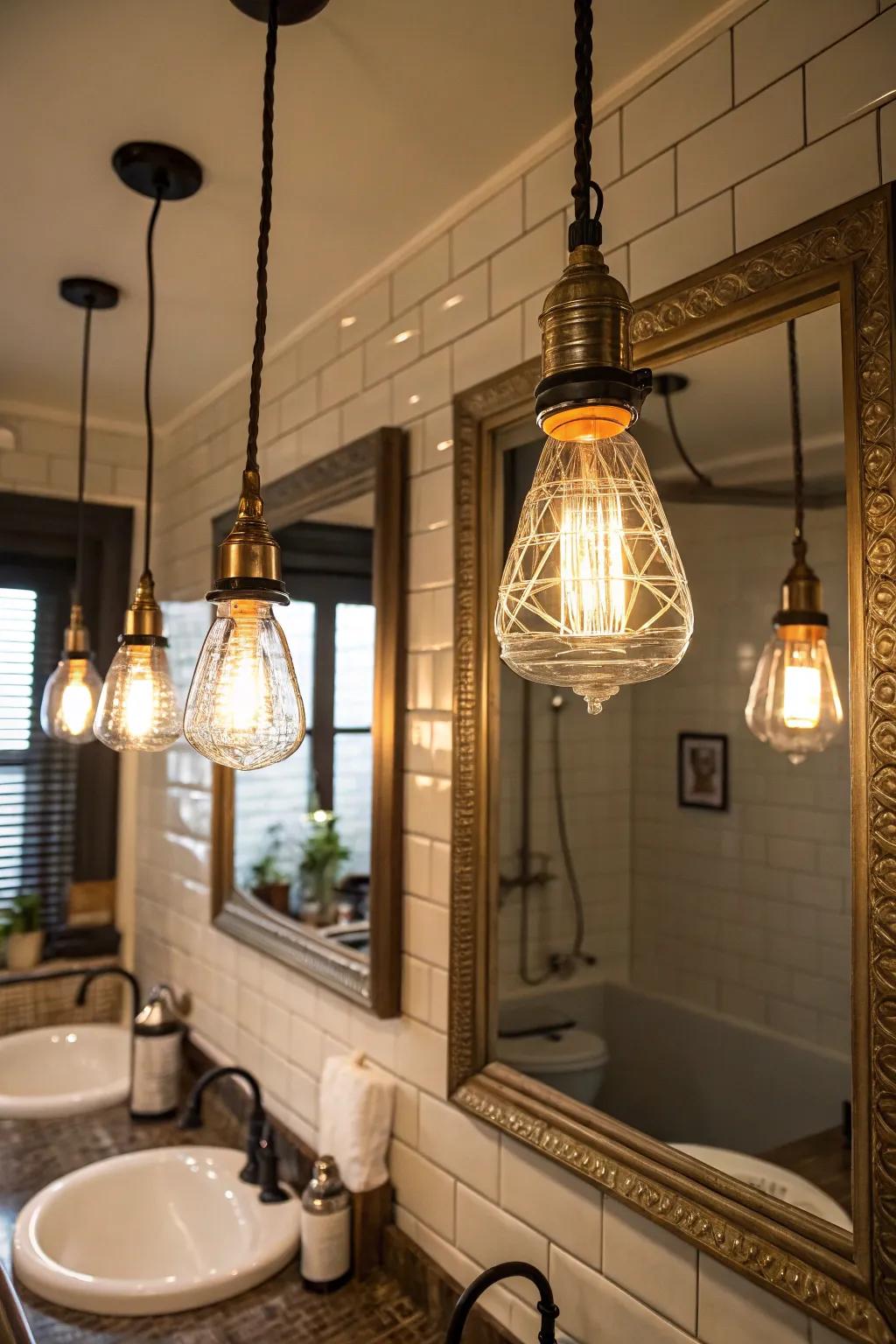 Retro pendants contribute charm and individuality to bathroom illumination.