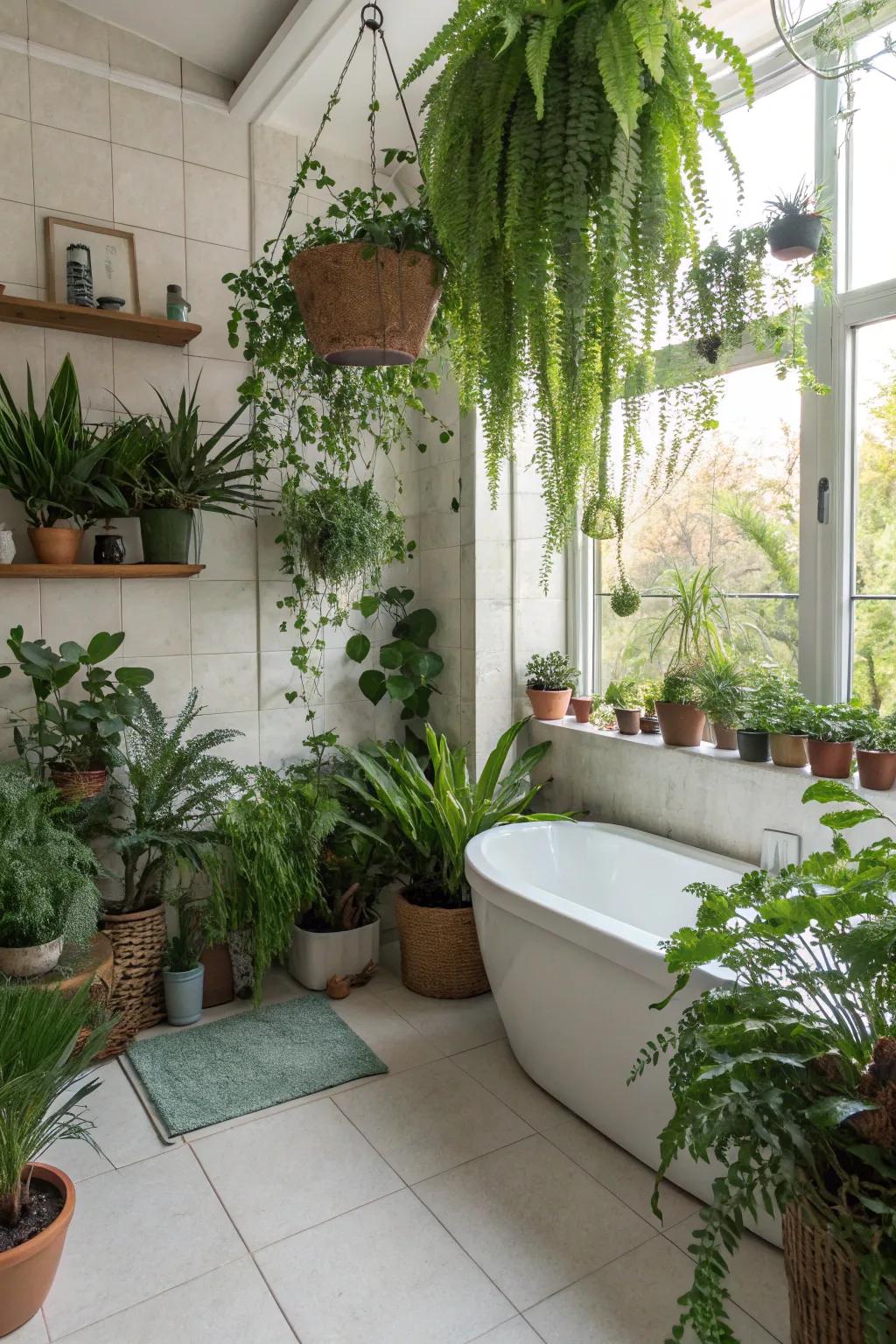 A bathroom retreat with flourishing greenery, bringing nature indoors.