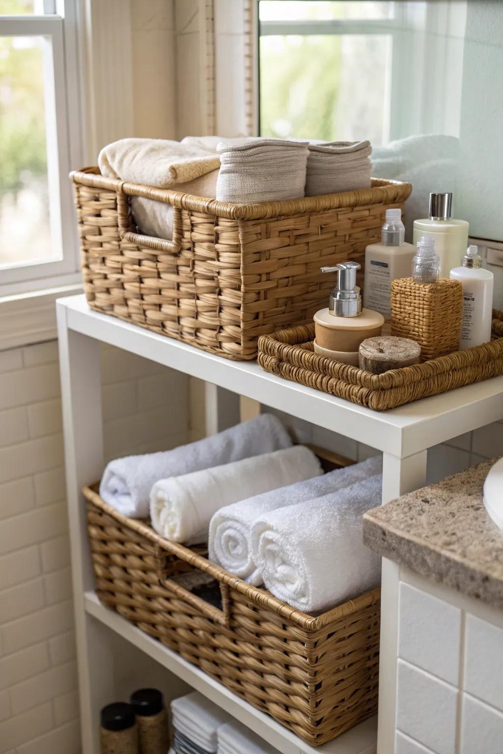 Woven baskets enhance texture and functionality.