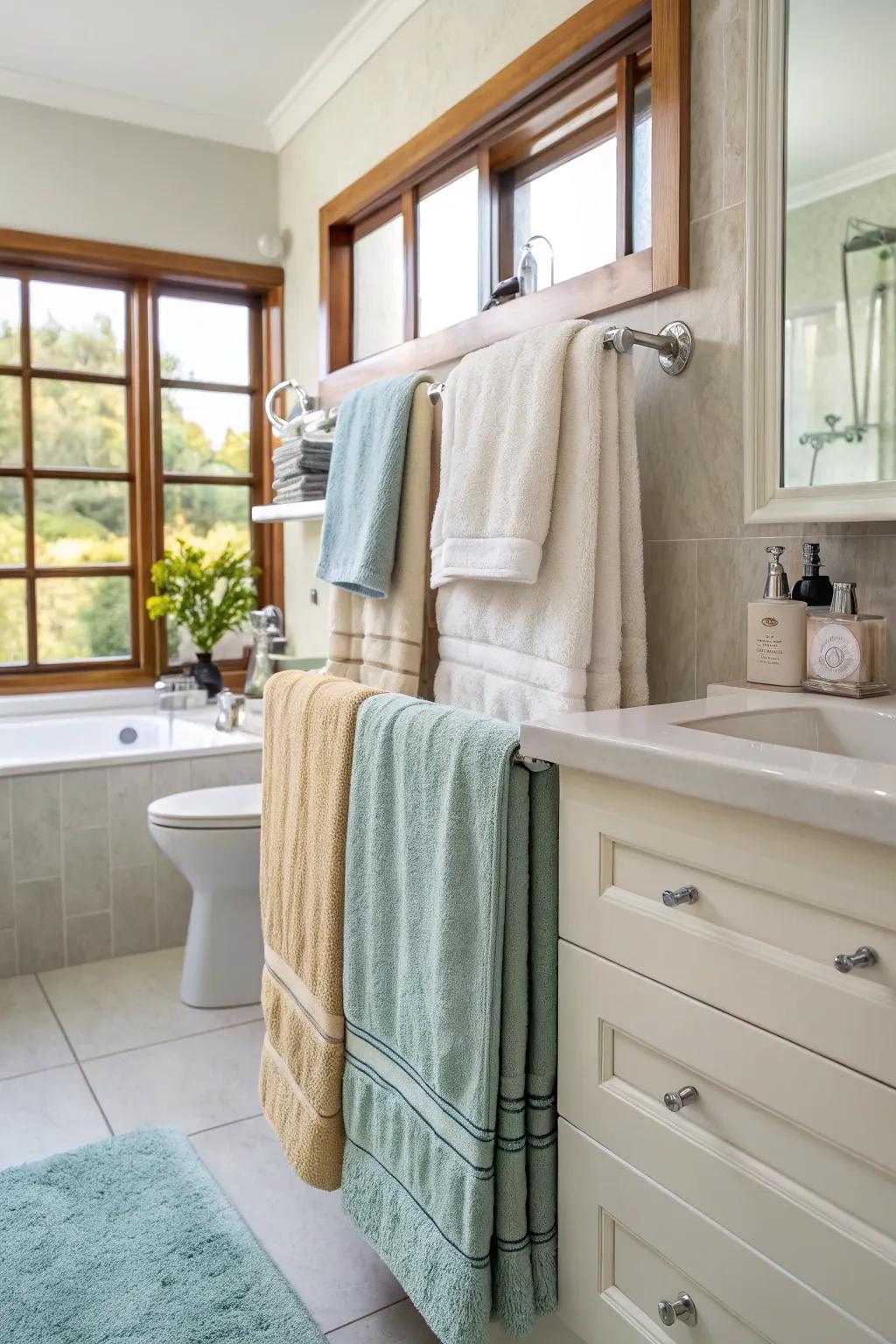 Add depth and texture in your bathroom by layering towels with similar colors.