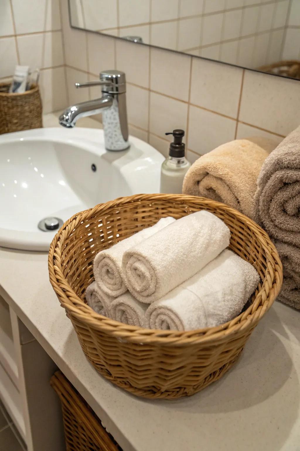 Baskets are both countryside-inspired and useful for arranging towels.