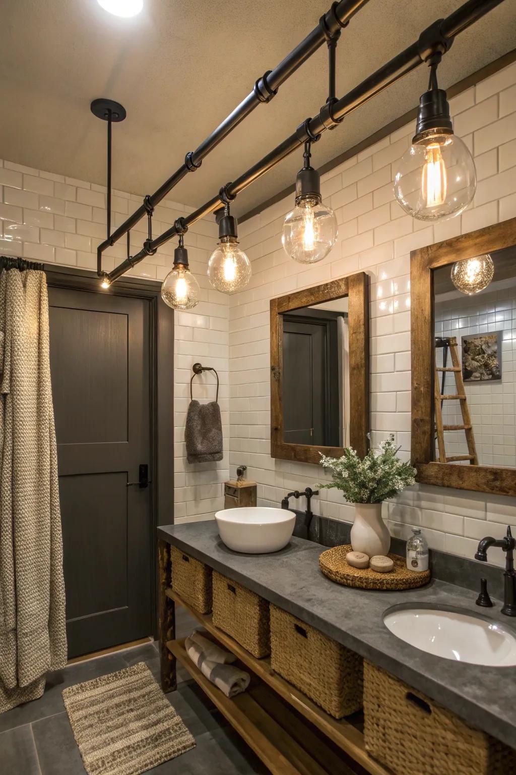 Industrial metal track lighting enlivens your bathroom.