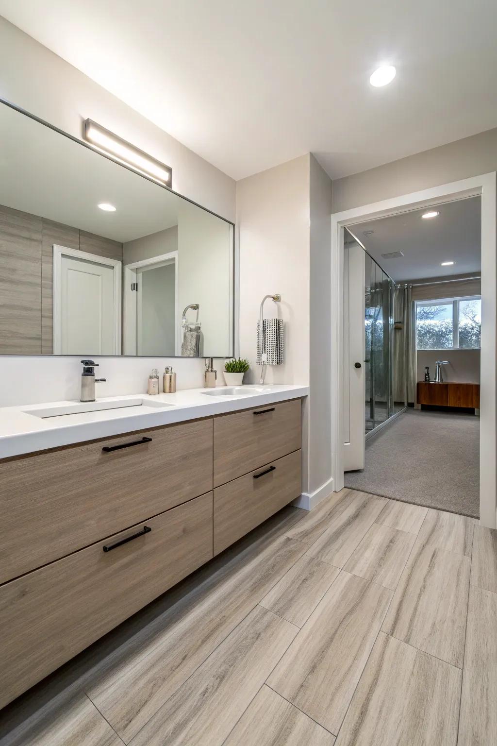 Minimalist floor covering creates a fresh and modern bathroom look.