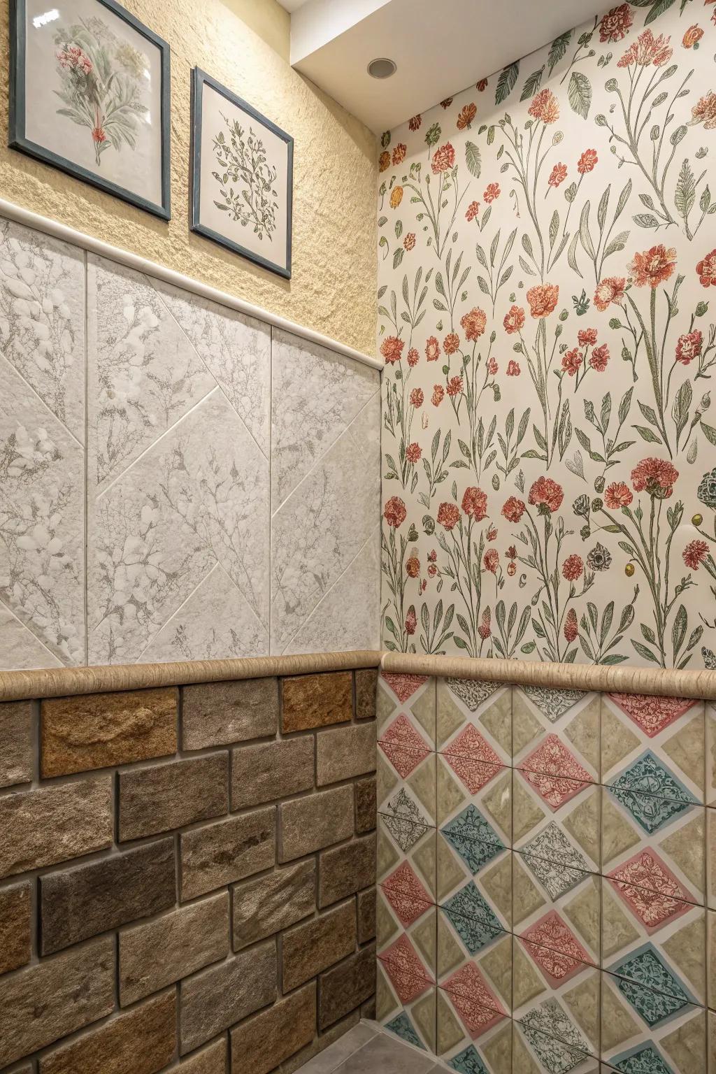 A combination of visual textures and motifs incorporates artistic interest on restroom walls.