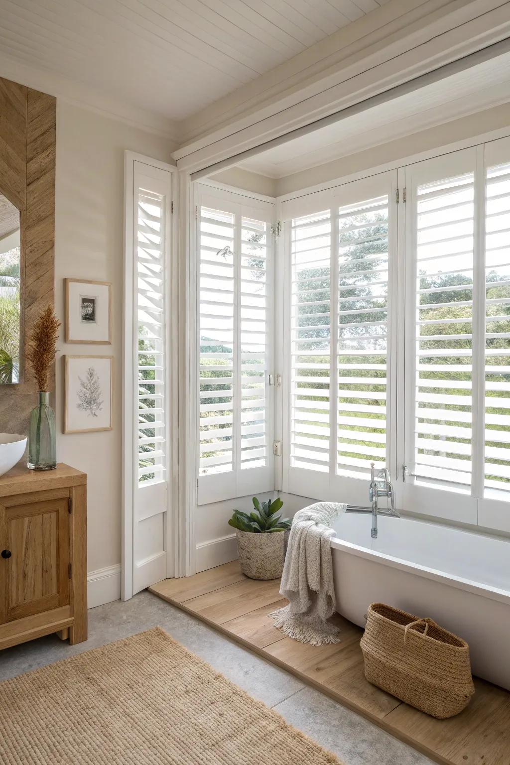 Ageless charm embodied in versatile estate shutters. #BathroomStyle #TimelessDesign