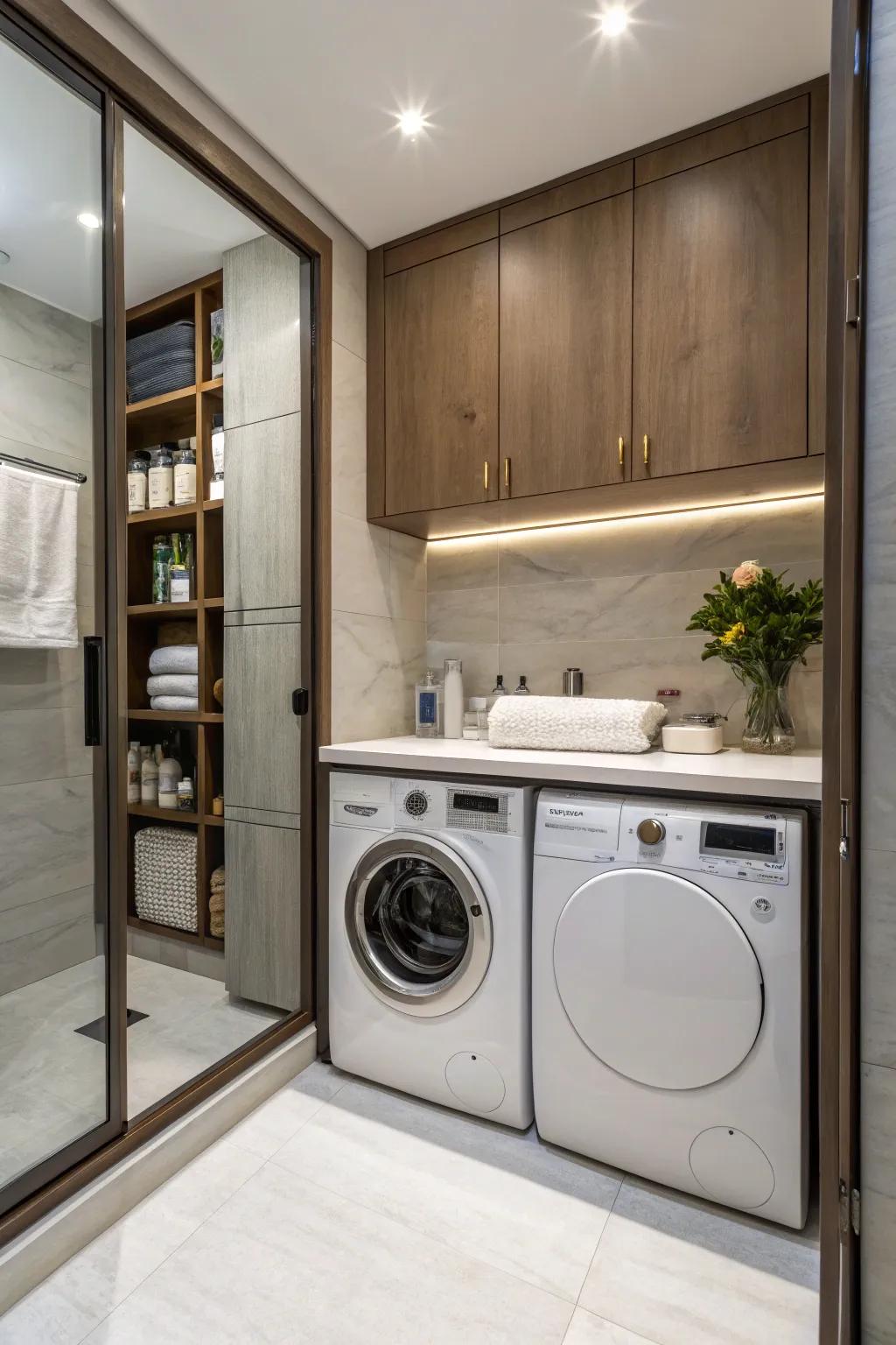 Laundry appliances hidden behind custom cabinets, creating a clutter-free environment.
