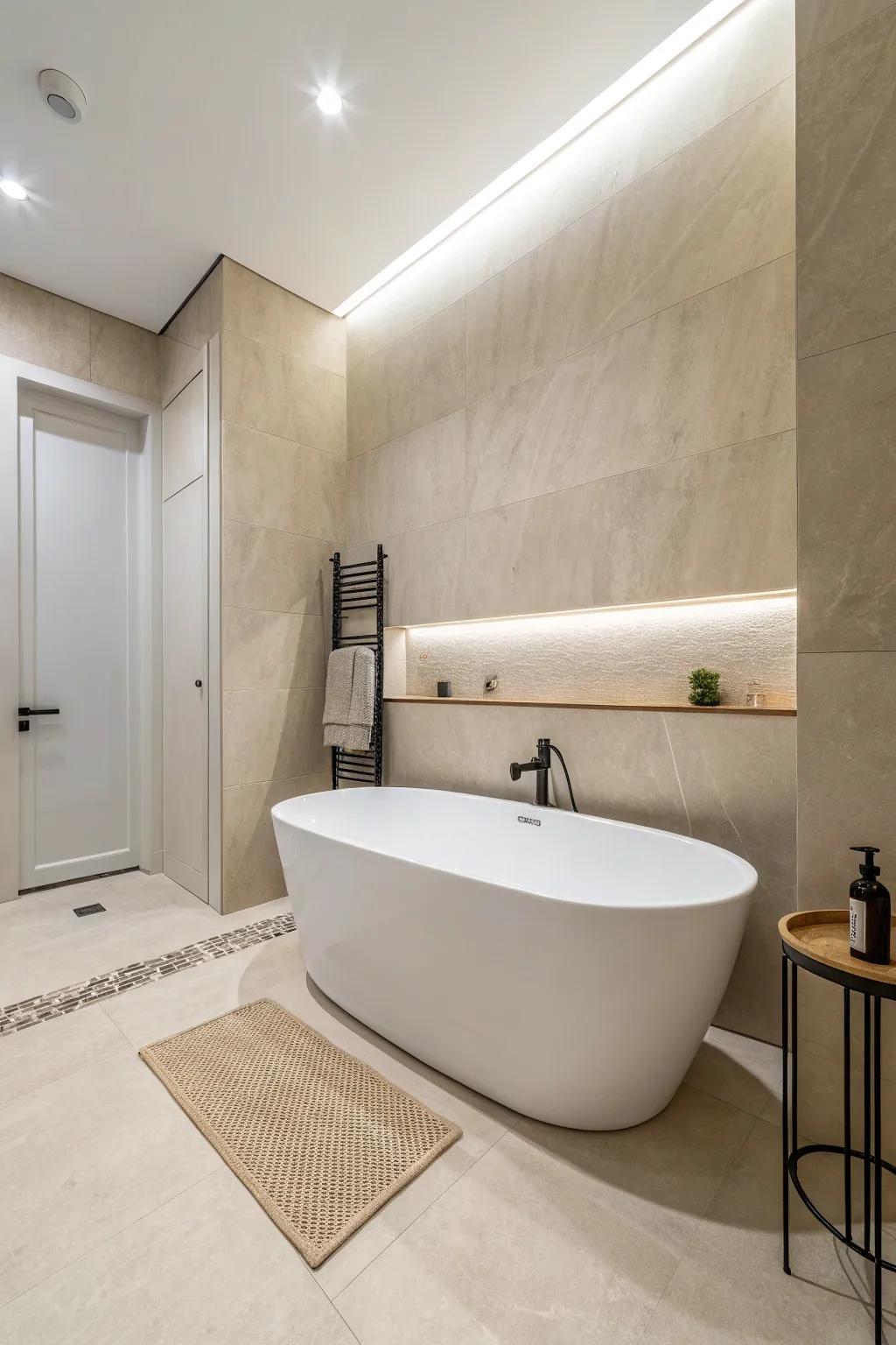 A streamlined pristine tub in a minimalist setting cultivates a soothing ambiance.