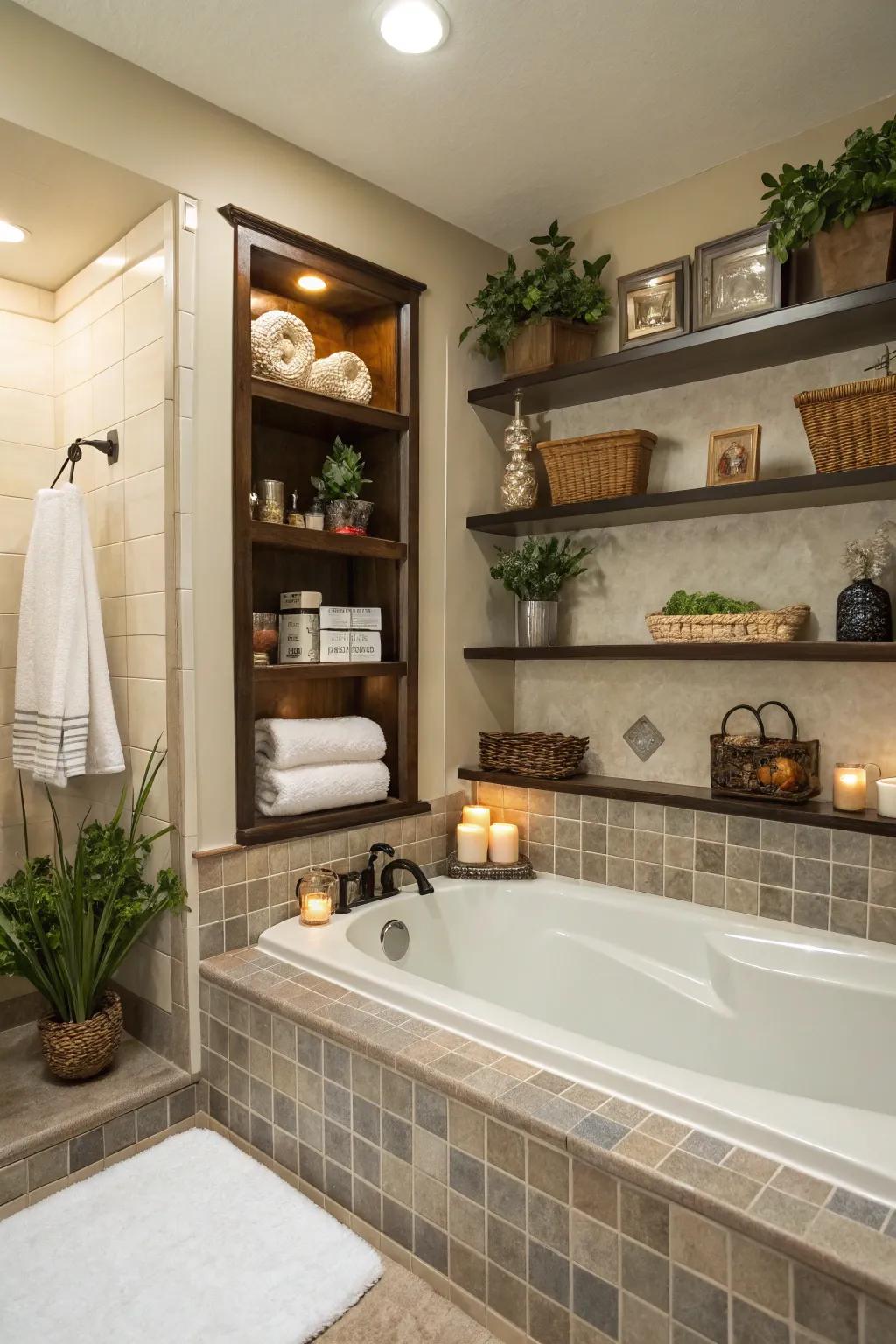 Integrated shelving offers sophistication and convenience to your bathtub area.