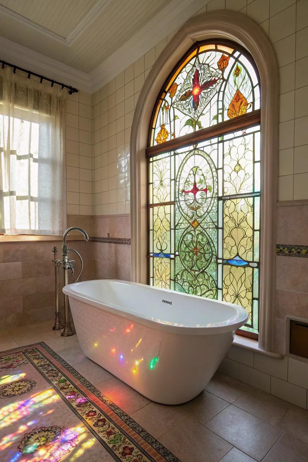 Art glass infuses sophistication and color into a serene bathroom.