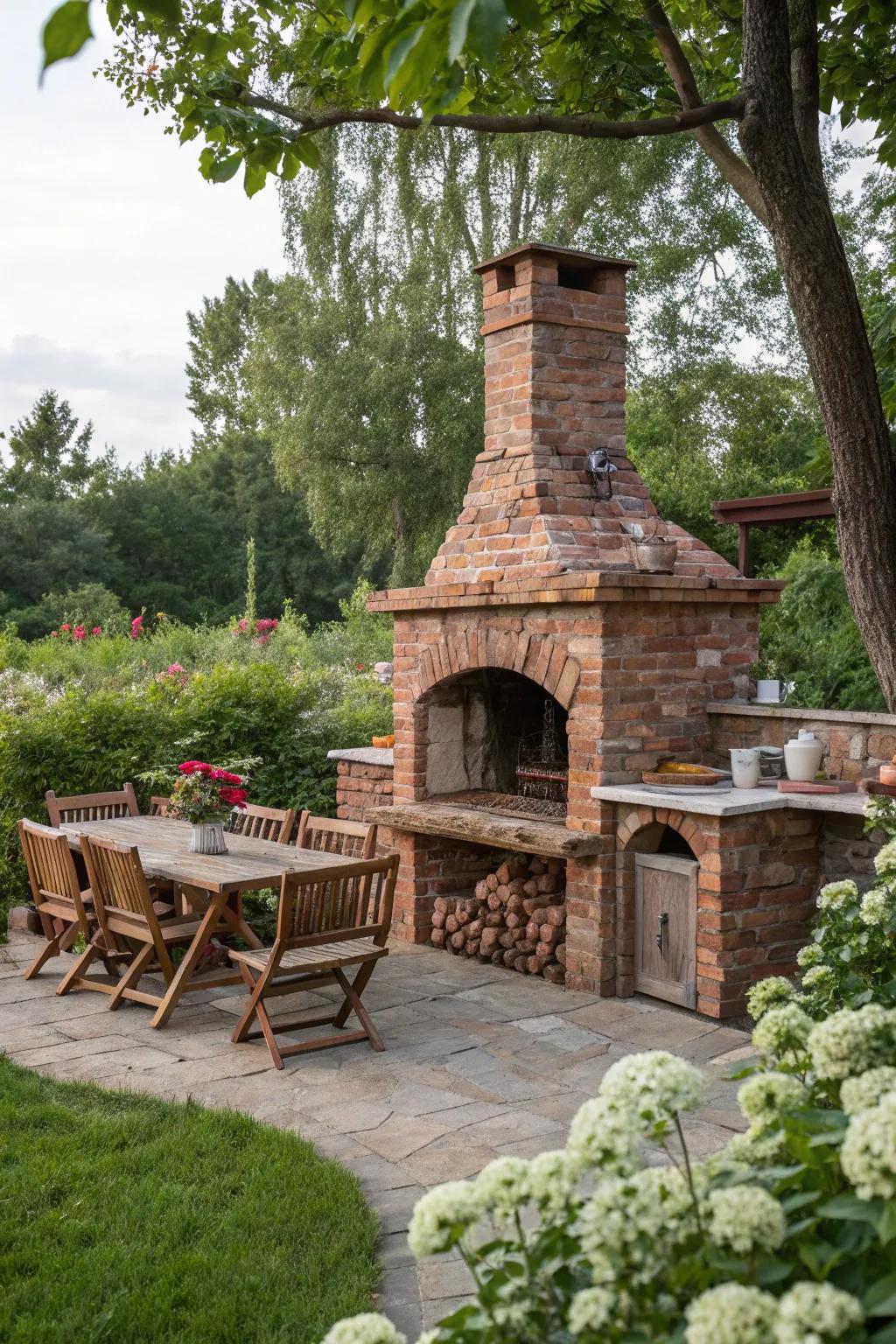 Embrace the enduring allure of a traditional brick and stone grill.