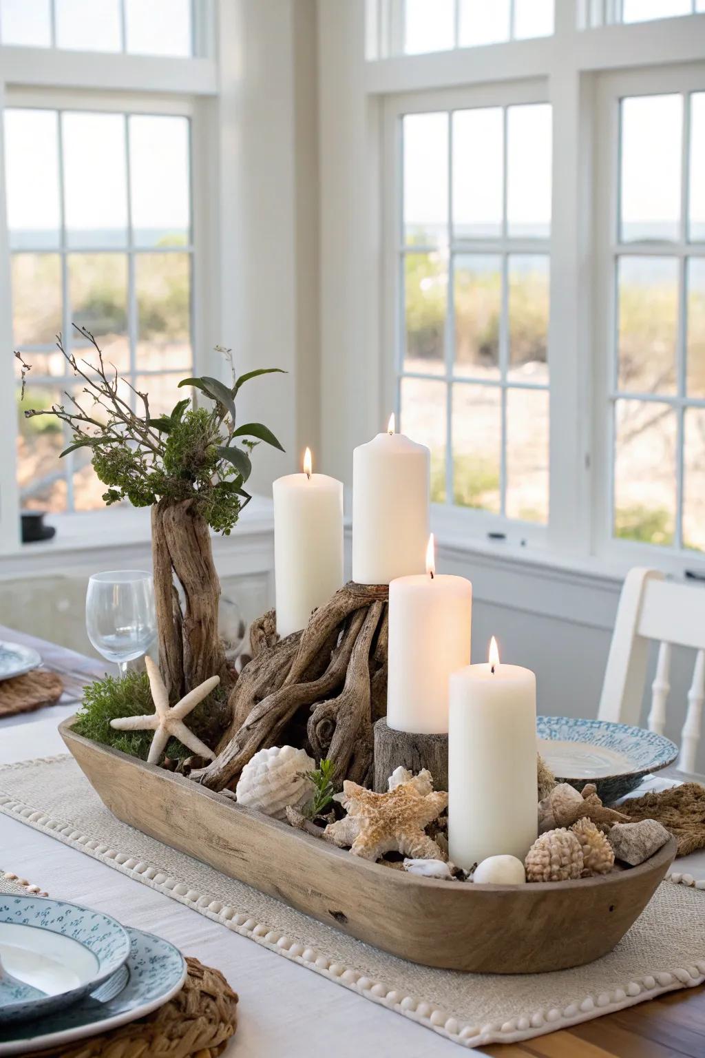 Welcome the coast to your dining table with a seaside centerpiece.