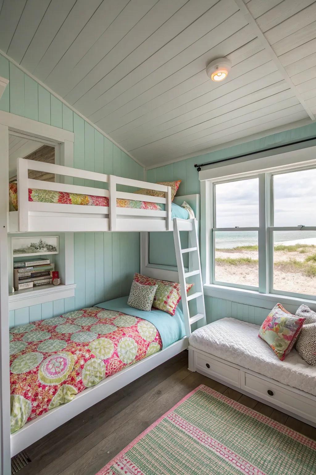 Amplify your area with three-tier corner bunks.