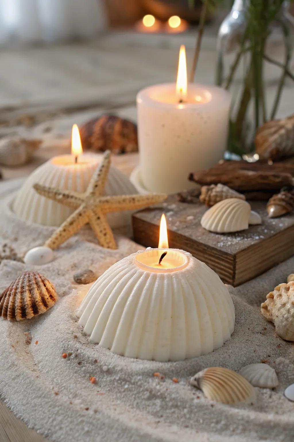 Seashell luminaries cast a gentle glow and a hint of the ocean indoors.