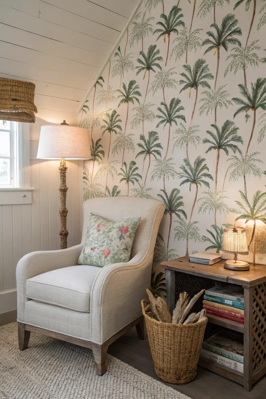 Channel tropical energy indoors with palm tree wallpaper.