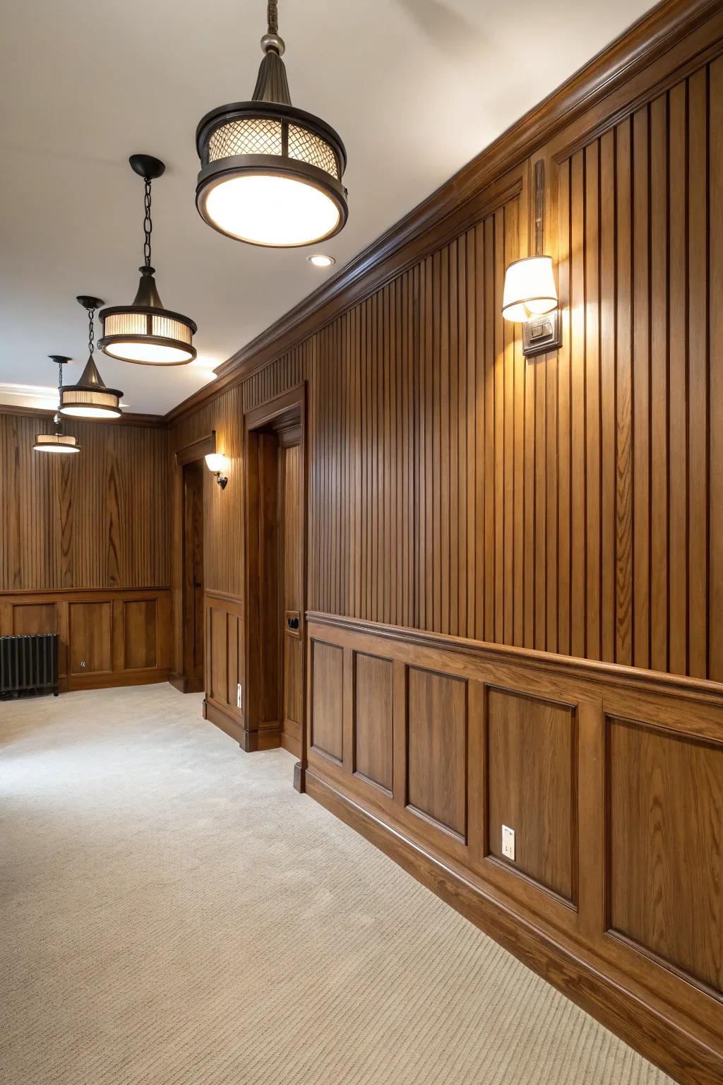 An elegant combination of traditional planking and contemporary lamps.