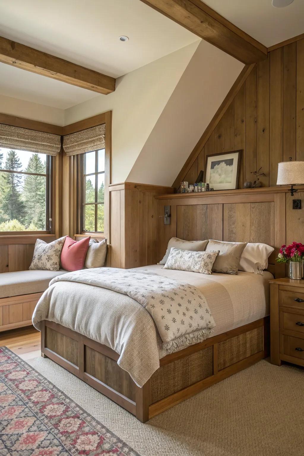 An artistic headboard introduces elegance to a corner bed.