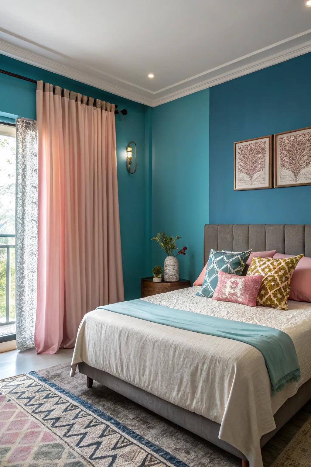A vibrant featured surface enhances the personality of this tranquil slumber space.