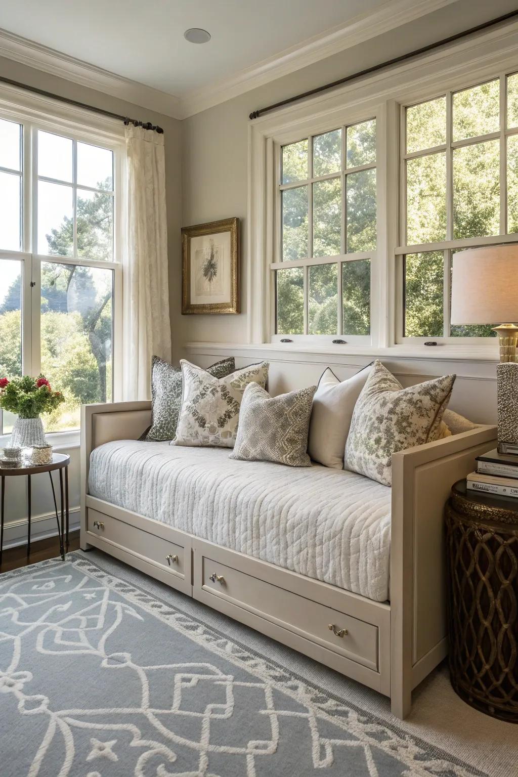 A versatile divan in a sleeping quarters, providing both seating and sleeping solutions.