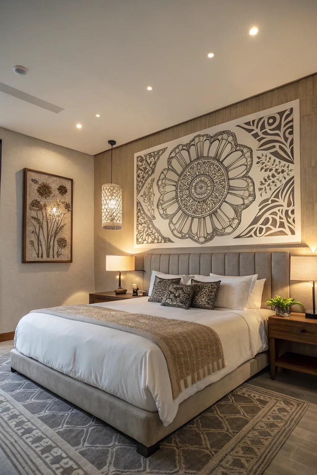 A bold eye-catching wall art piece adds character to this modern bedroom.