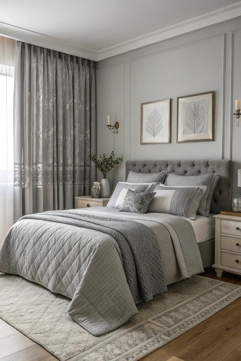 A peaceful bedroom showcasing a balanced monochromatic gray palette.