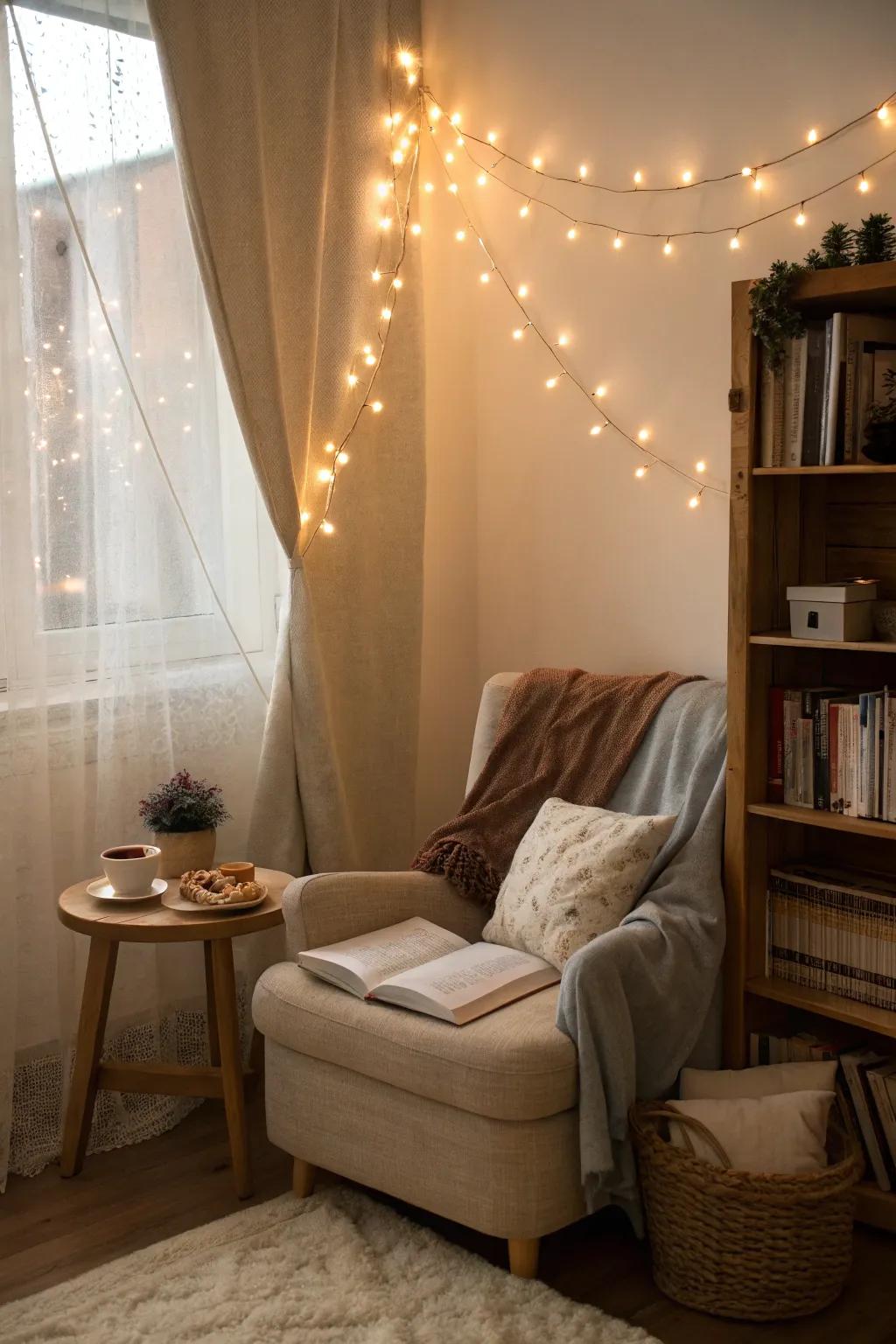 A bedroom nook illuminated with delicate twinkling lights, fostering a calming ambiance.