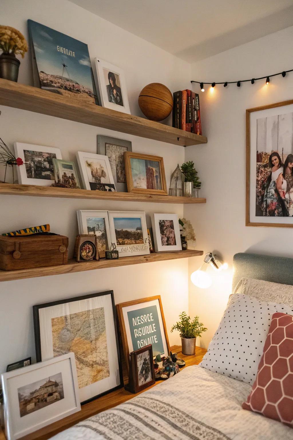 Personal touches on shelves create a warm, welcoming vibe.