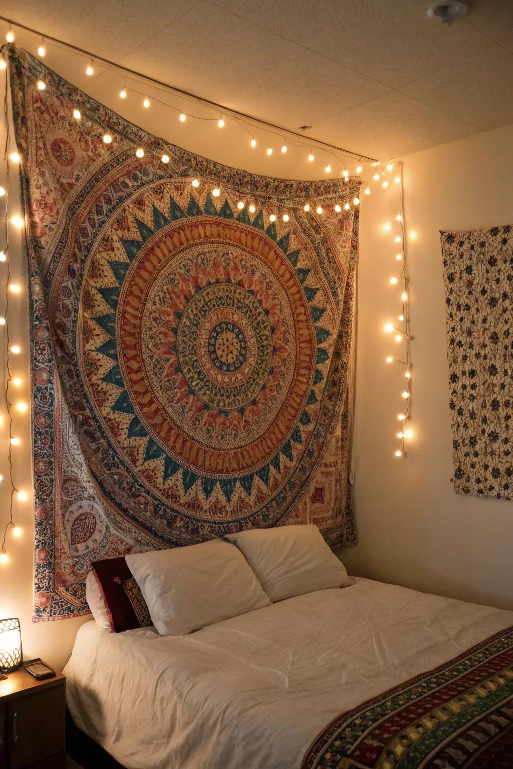Craft a cozy glow with tapestry and fairy lights.