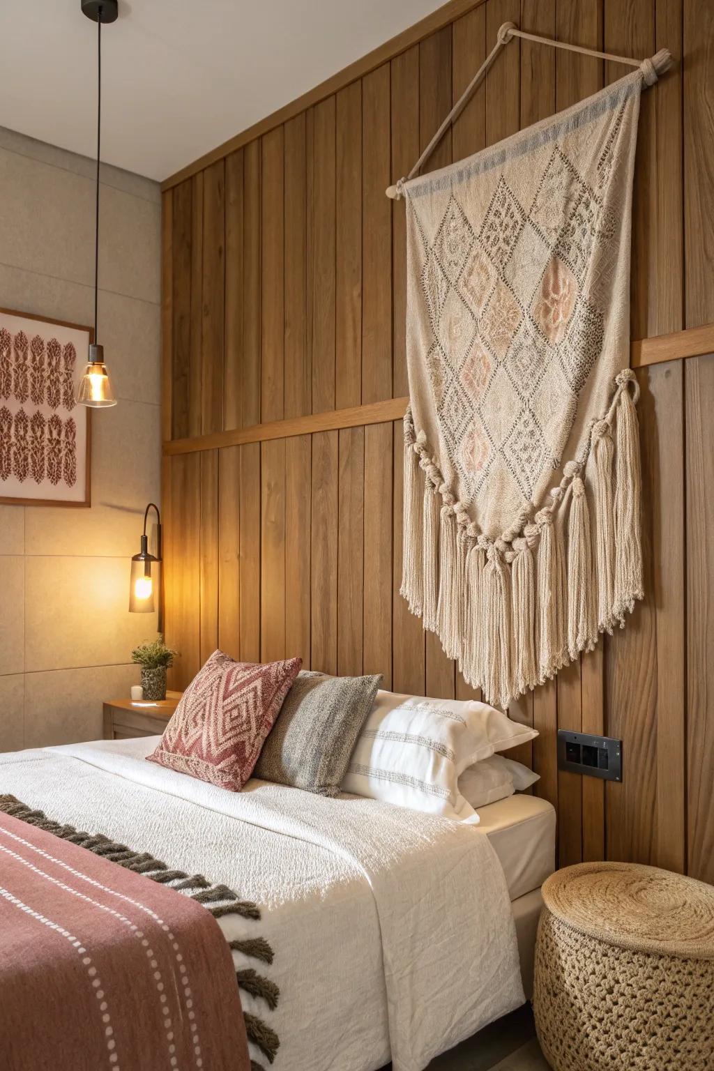 Combine surfaces for a snug and vibrant bedroom wall.