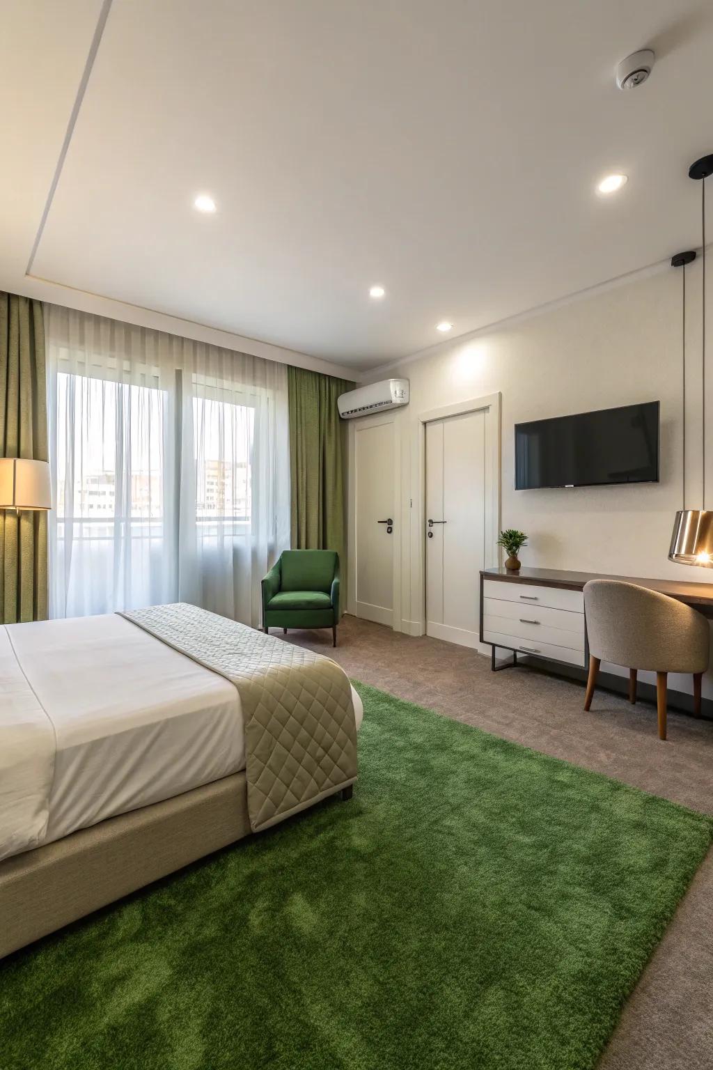 Simple arrangement elevates the verdant floor covering, creating a stylish, airy area.