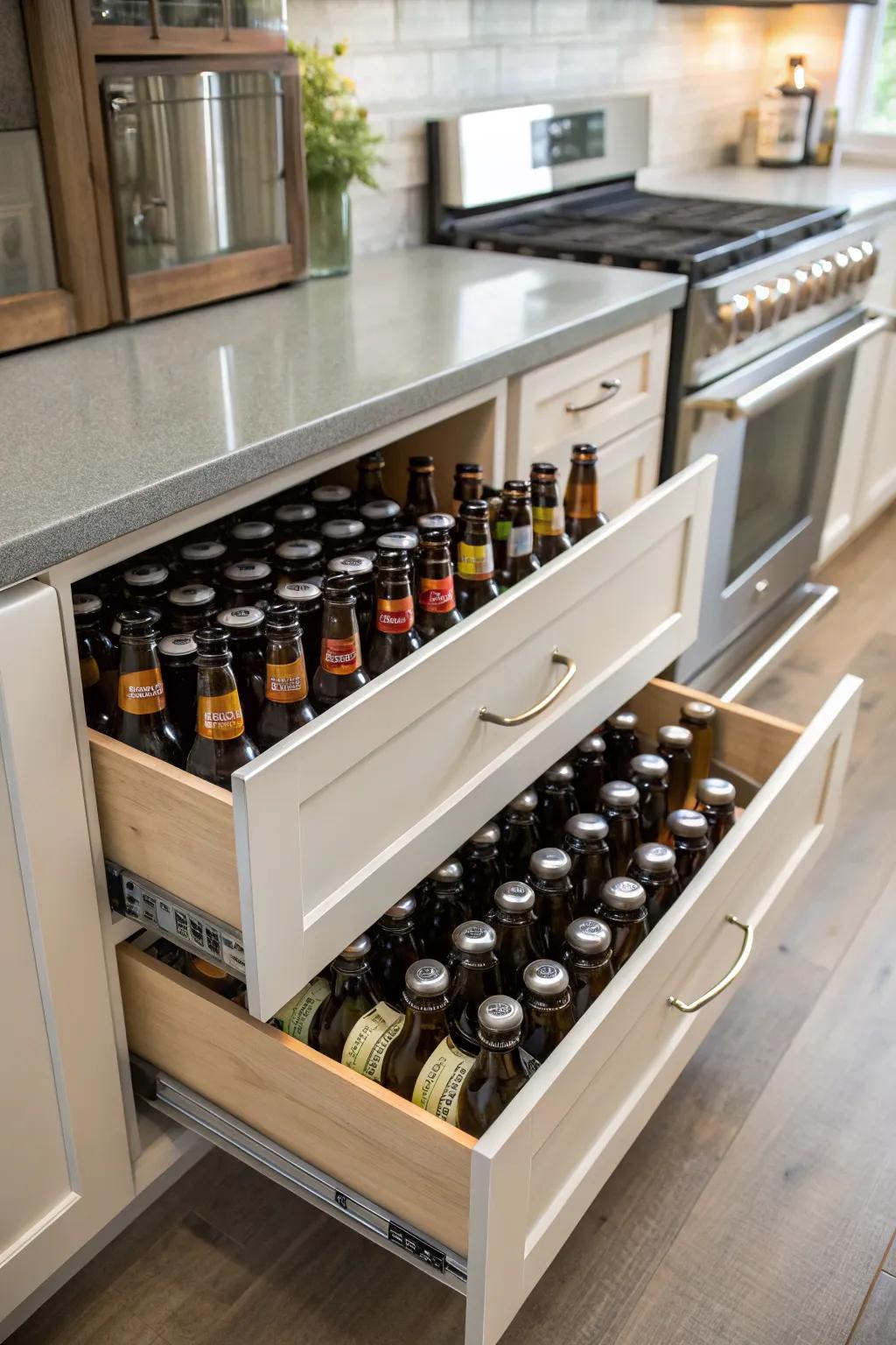 Below-counter drawers in the cooking space keeping brew bottles in order effectively.