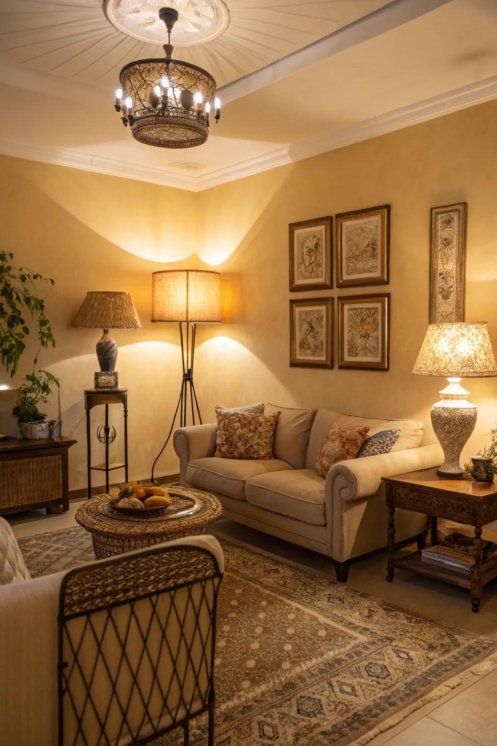 Warm lighting enhances the cozy sensation of this beige area.