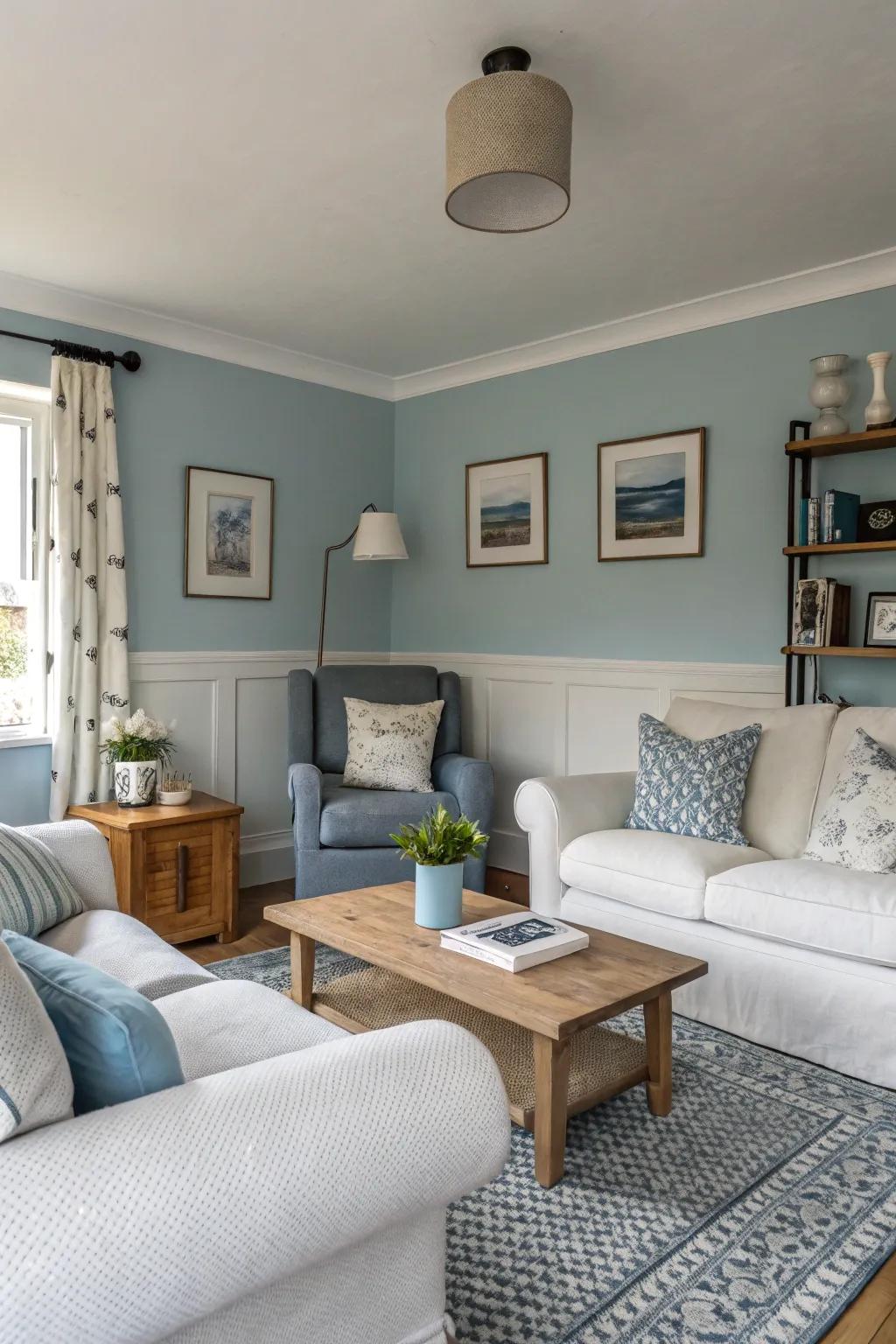 Walls bathed in cloudy blue inspire a sense of calm and openness.