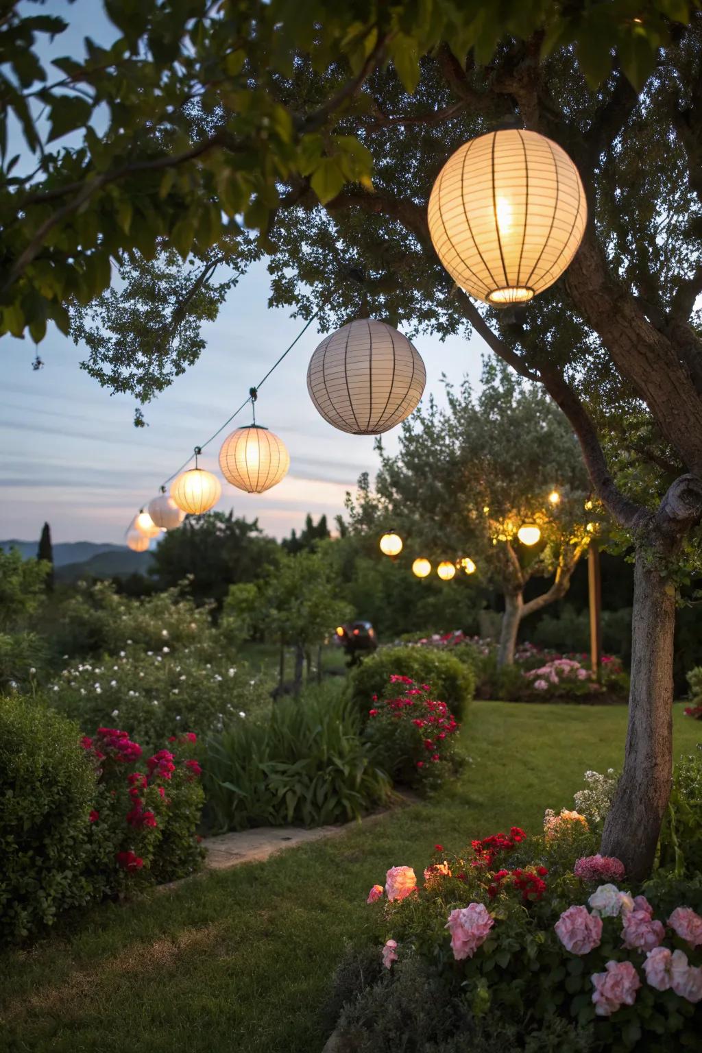 <strong><em>Glimmer Globes</em></strong> and lanterns introduce a sophisticated touch.” loading=”lazy” class=”pimg”>
	</picture><figcaption><strong><em>Glimmer Globes</em></strong> and lanterns introduce a sophisticated touch.</figcaption></figure>
<p>Ornamental lanterns and <strong><em>Glimmer Globes</em></strong> are just the thing for adding a touch of elegance to your party. I often suspend them in my garden to conjure a romantic, intimate setting. The soft glow is so inviting.</p>
<h3>Possibly helpful picks:</h3>
<ul class=