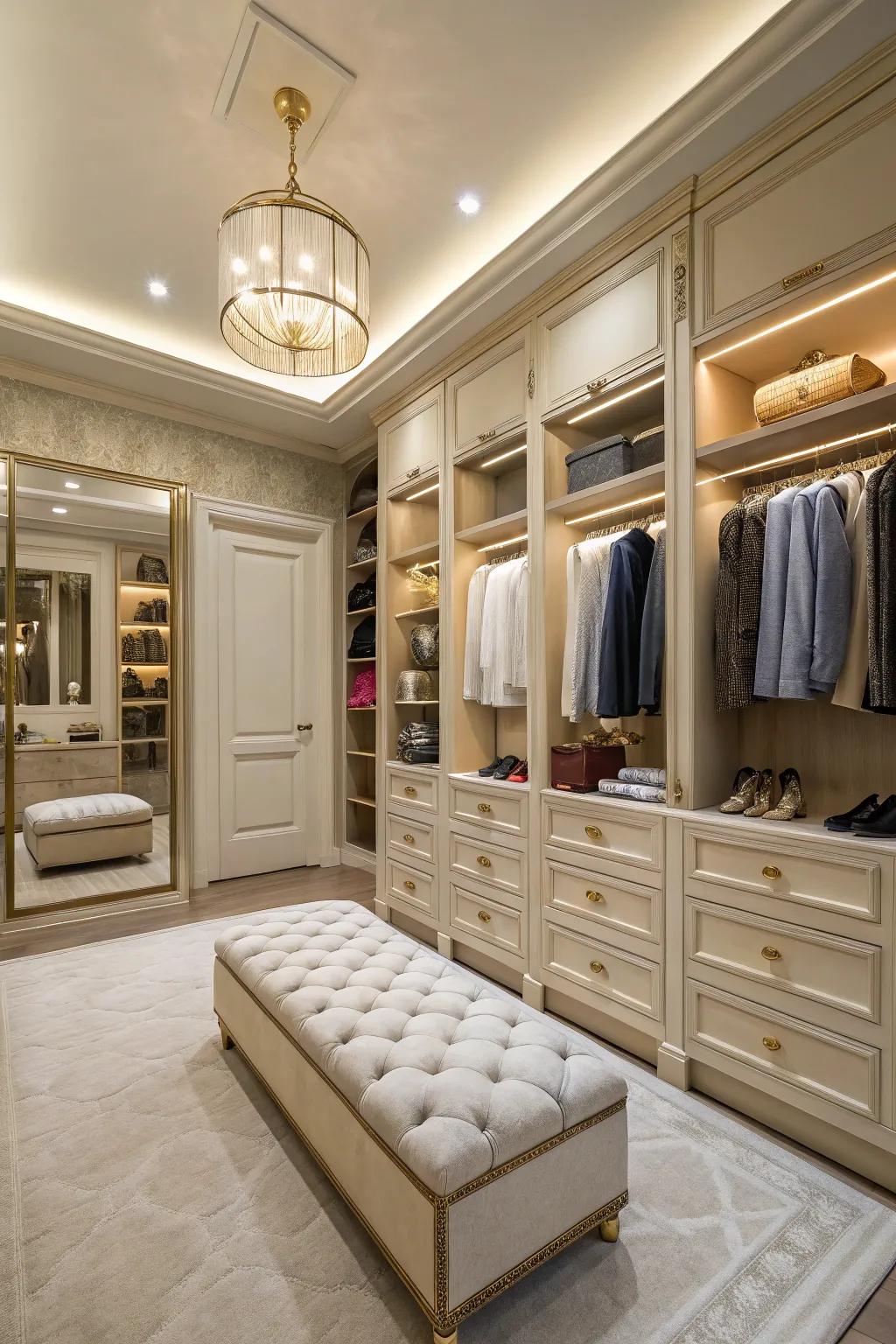 A roomy closet showcasing a sumptuous bench and chic decor.