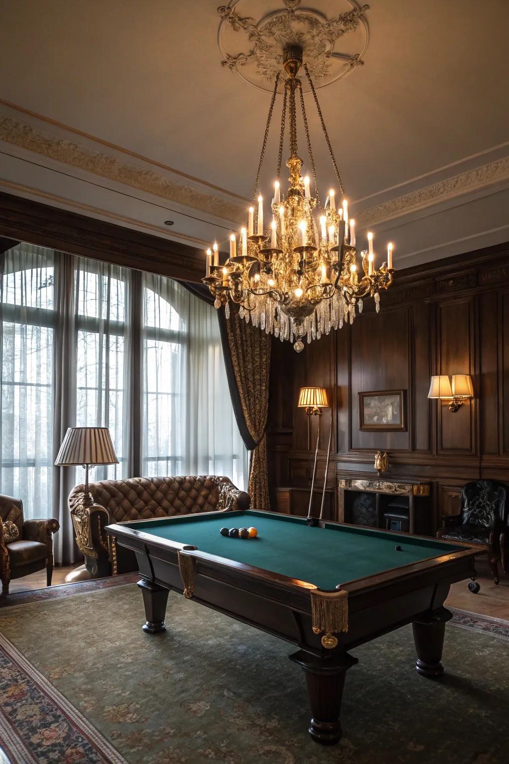Remarkable lighting lends an air of glamour to your billiard space.