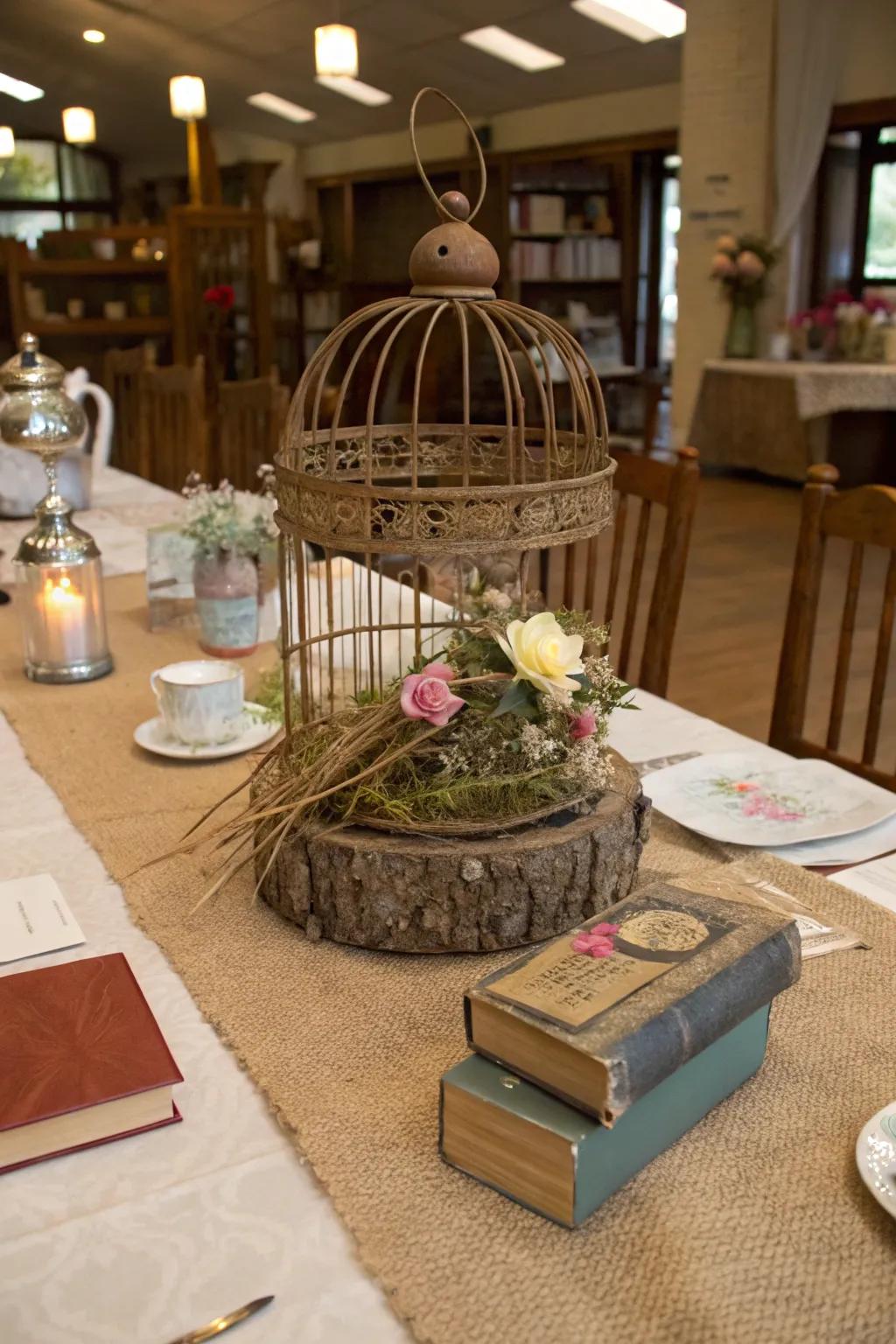 A rustic <strong><em>bird enclosure</em></strong> centerpiece that enhances a shabby-chic table arrangement.” loading=”lazy” class=”pimg”>
	</picture><figcaption>A rustic <strong><em>bird enclosure</em></strong> centerpiece that enhances a shabby-chic table arrangement.</figcaption></figure>
<p>Select a <strong><em>rustic bird enclosure</em></strong> featuring a weathered finish to capture a shabby-chic essence. I frequently pair these with burlap table runners to unify the rustic aesthetic.</p>
<h3>You might give these a try:</h3>
<ul class=