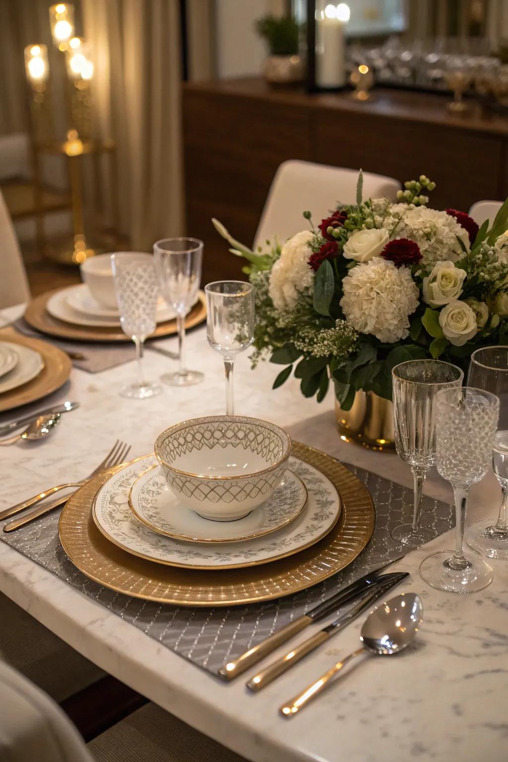 Design a refined dining encounter with a sophisticated table arrangement.