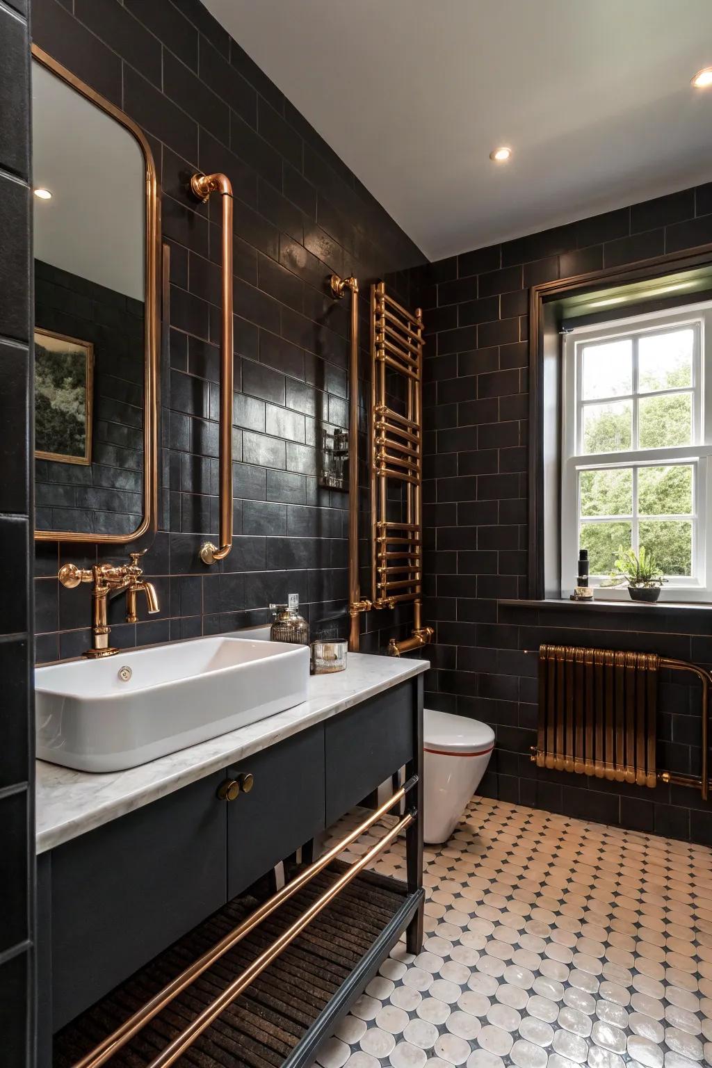 Dark panels create a striking contrast with copper accents.
