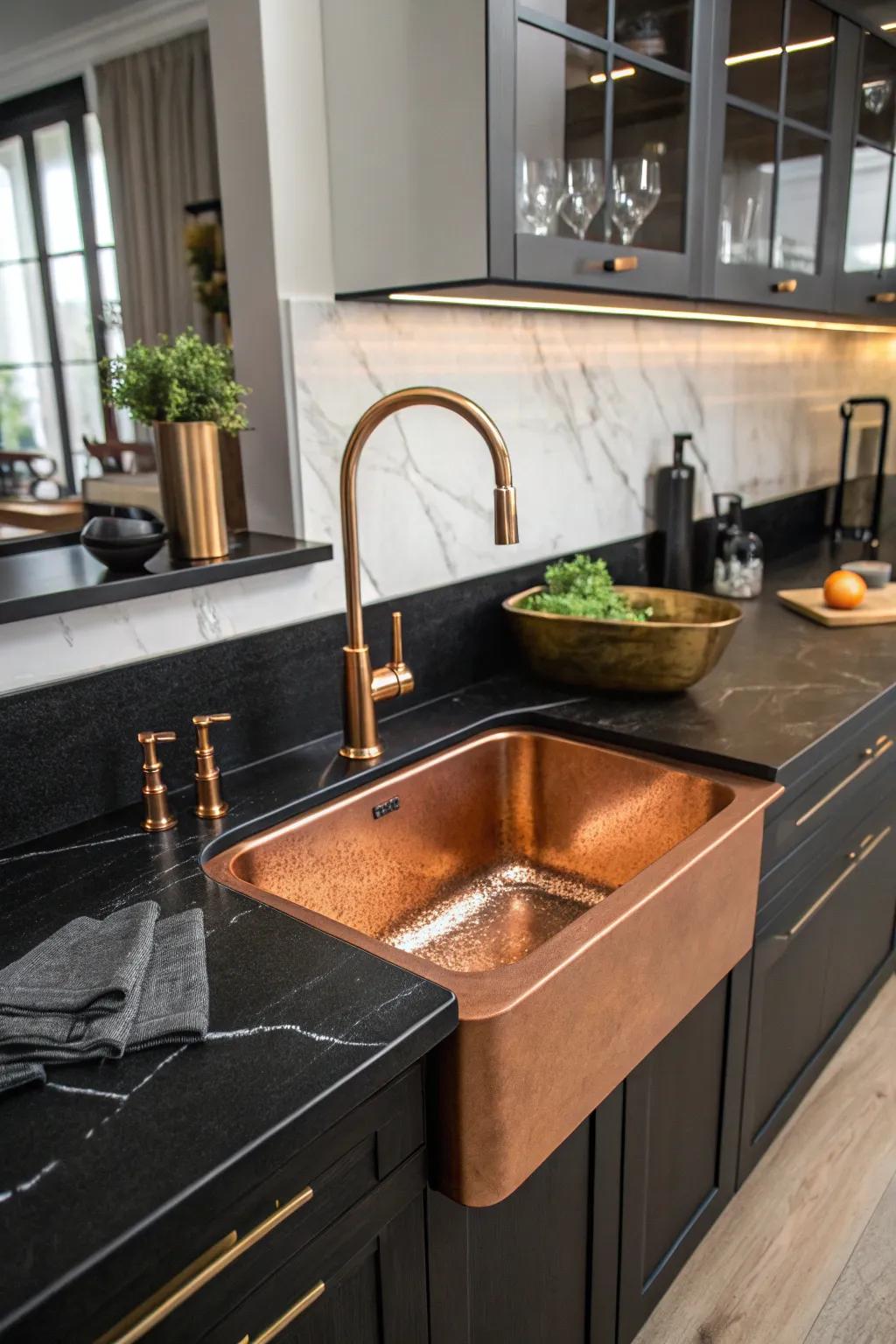 A copper wash basin is a luxurious highlight in a black kitchen.