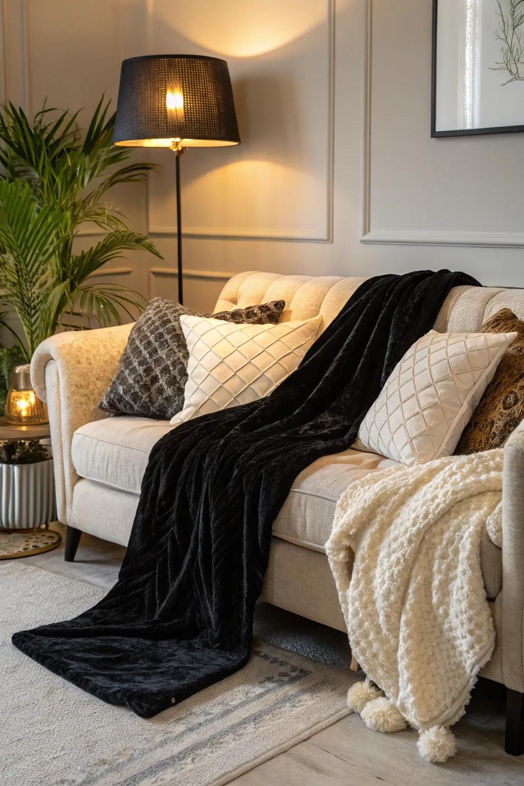 Velvet and woolen materials enhance comfort in a stylish black and cream living space.