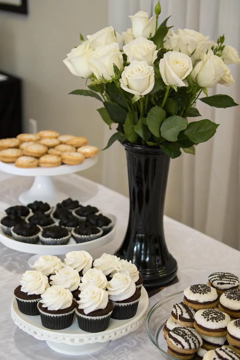 An enticing selection of black and white desserts complemented through elegant floral highlights.