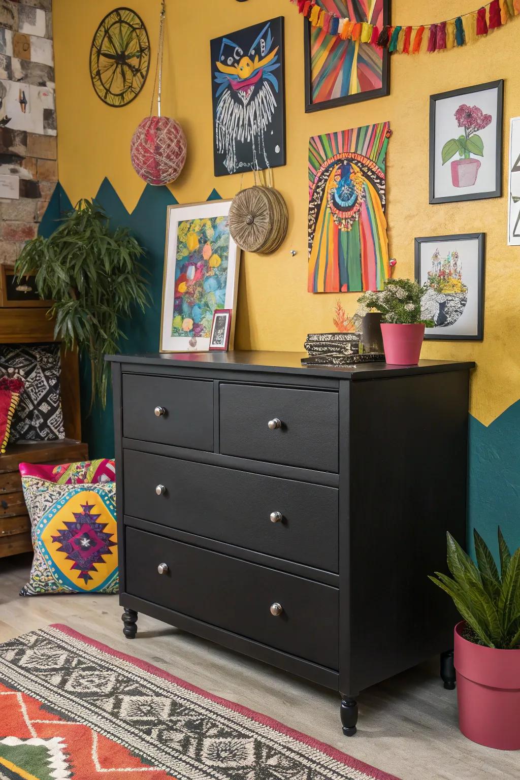 An ebony chest emphasizing strong tones within a vibrant room.