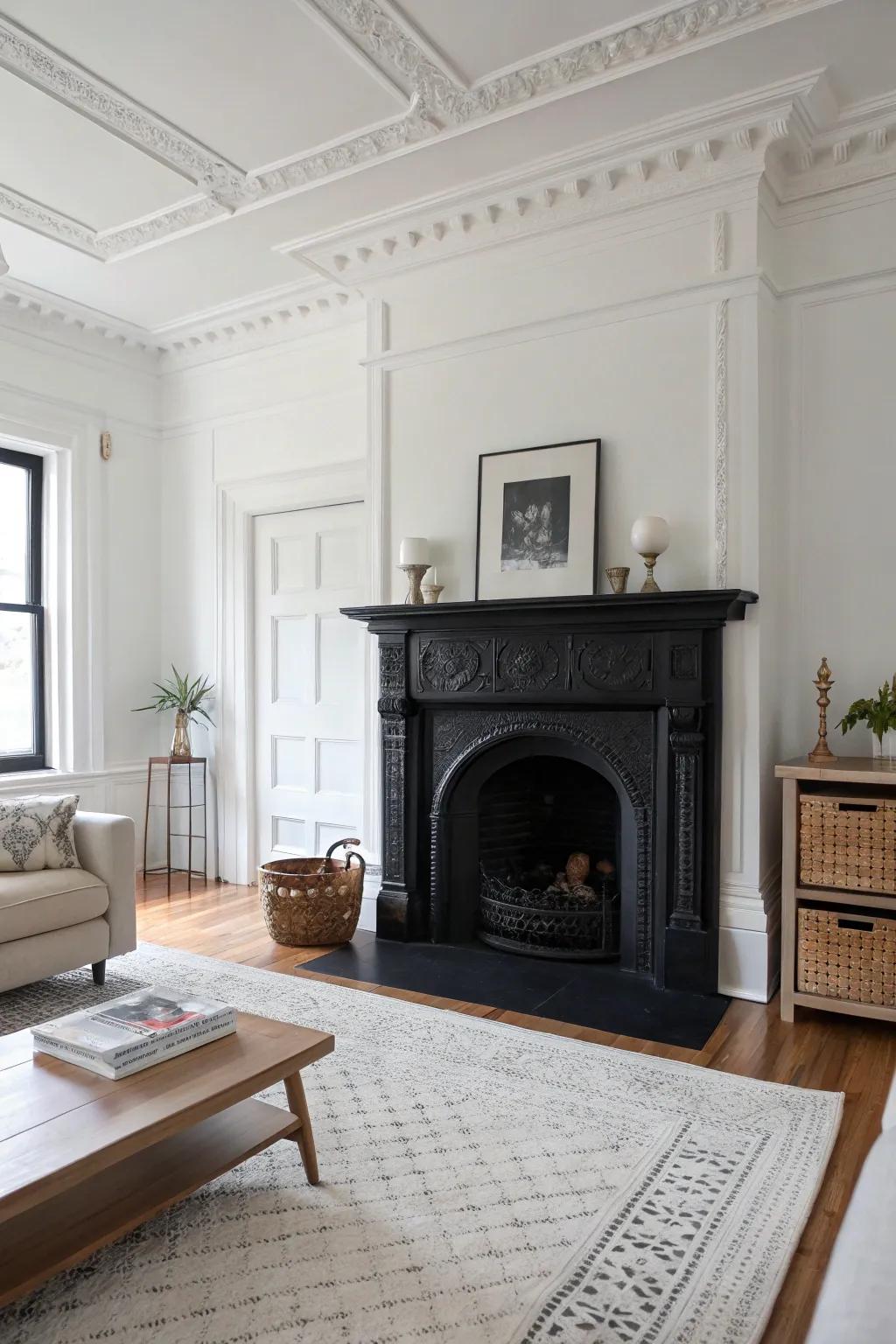 Produce a striking contrast by pairing a black fireplace with white-toned walls.