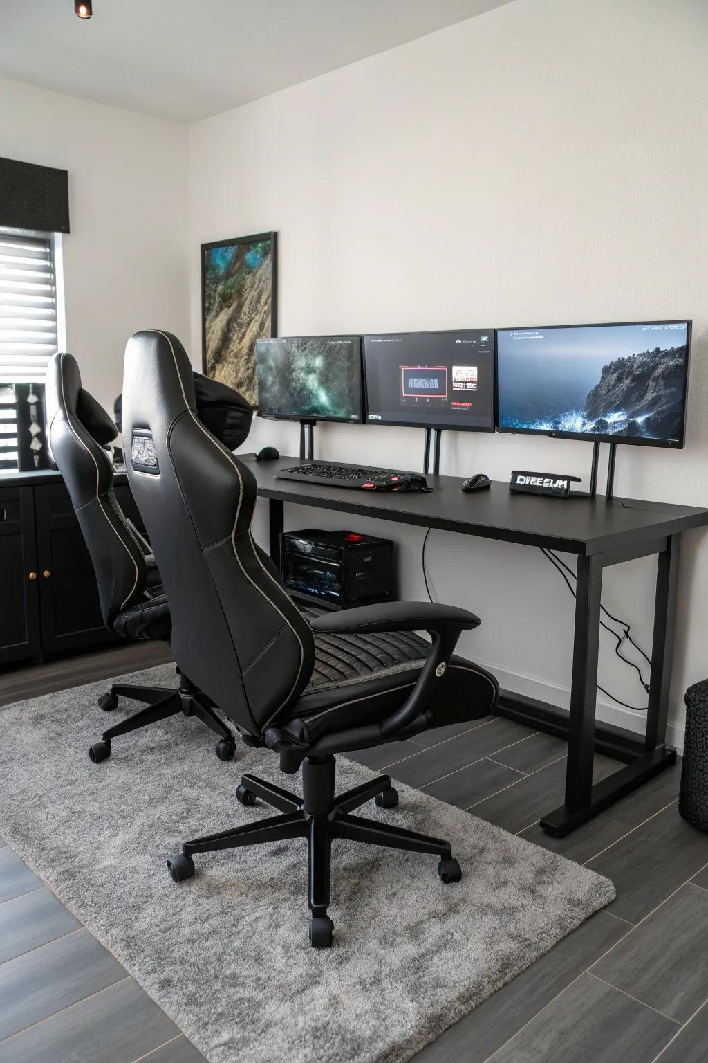 A setup with multiple displays amplifies the gaming experience and introduces a high-tech aesthetic.
