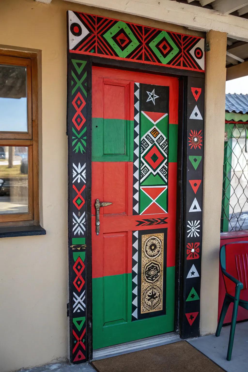 A door design utilizing Pan-African colors and motifs to honor cultural heritage.