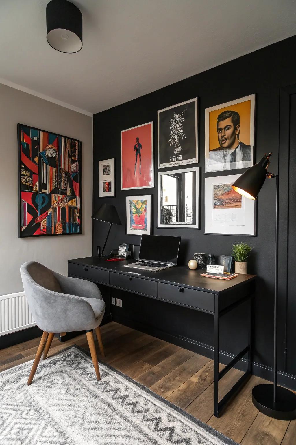 A personalized home office spotlighting impressive visual artwork.