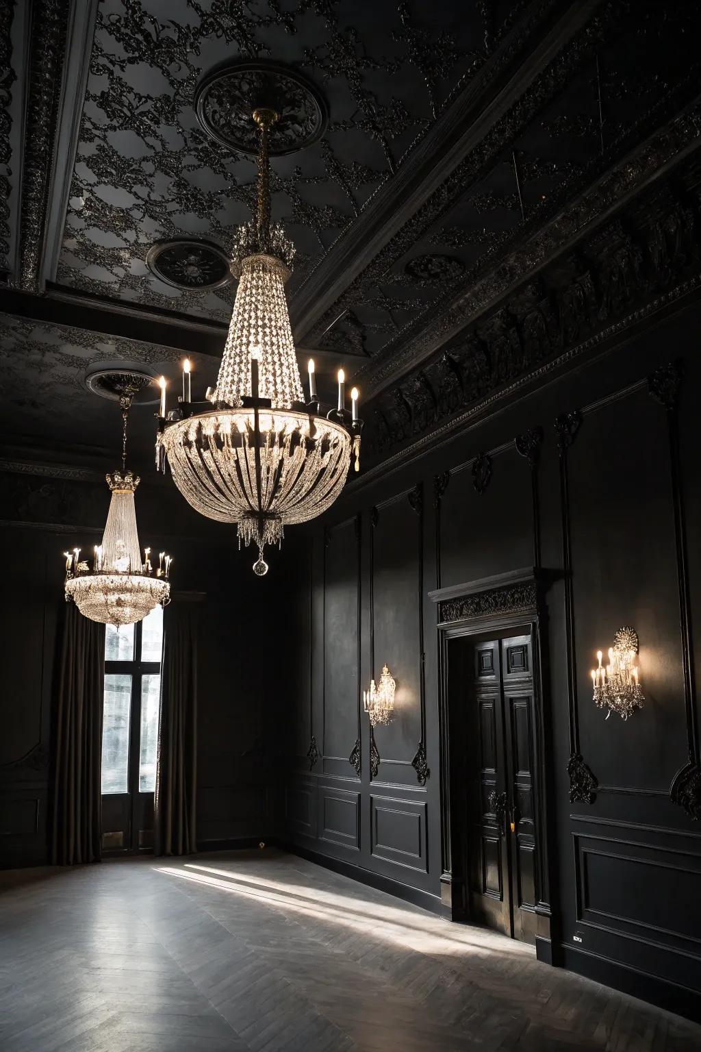 A dark area enhanced by a remarkable chandelier and drop lights.