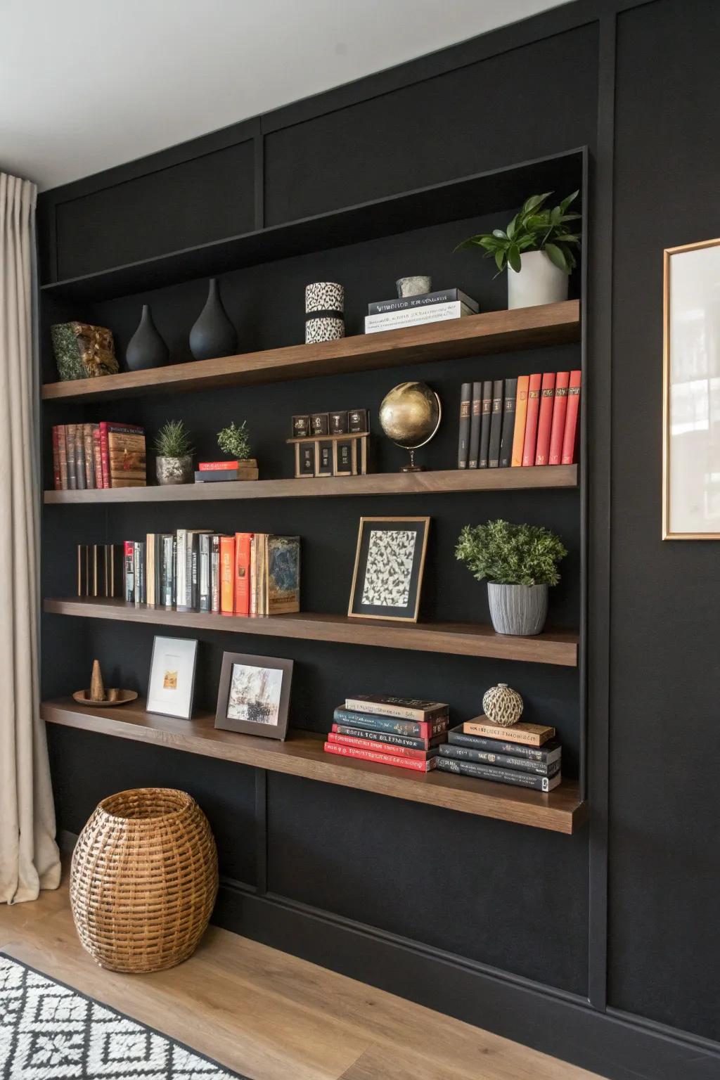 Built-in shelving on a black wall.