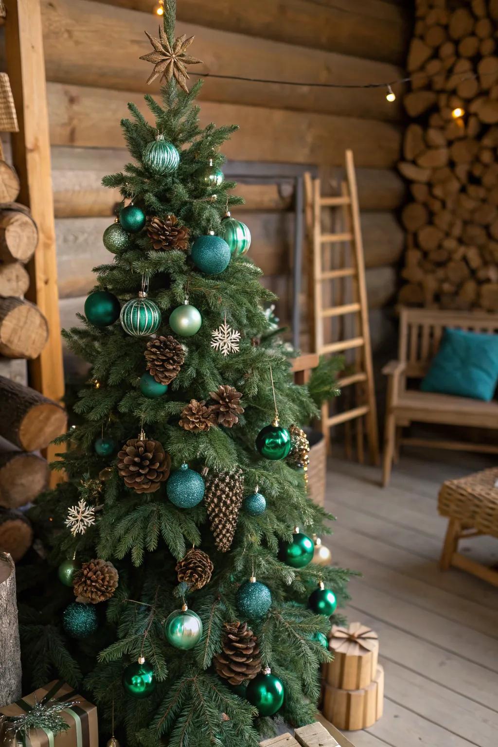 A nature-inspired tree featuring forest green and teal for a rustic yet luxurious design.