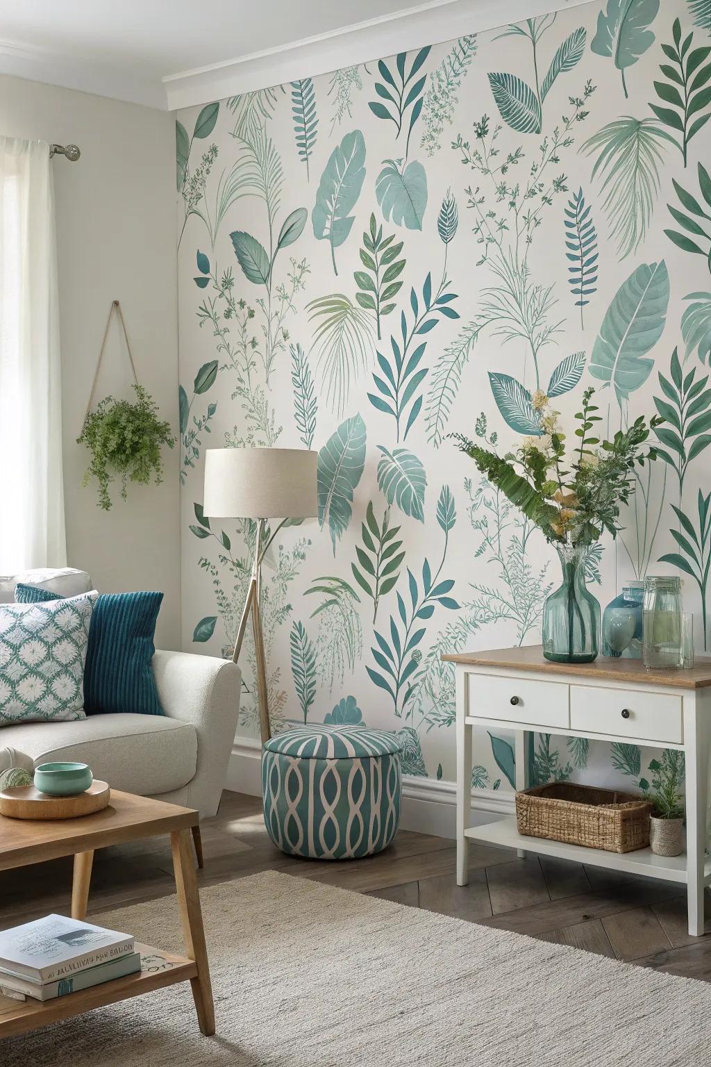 Botanical wallpaper conjures a vibrant and spirited setting.